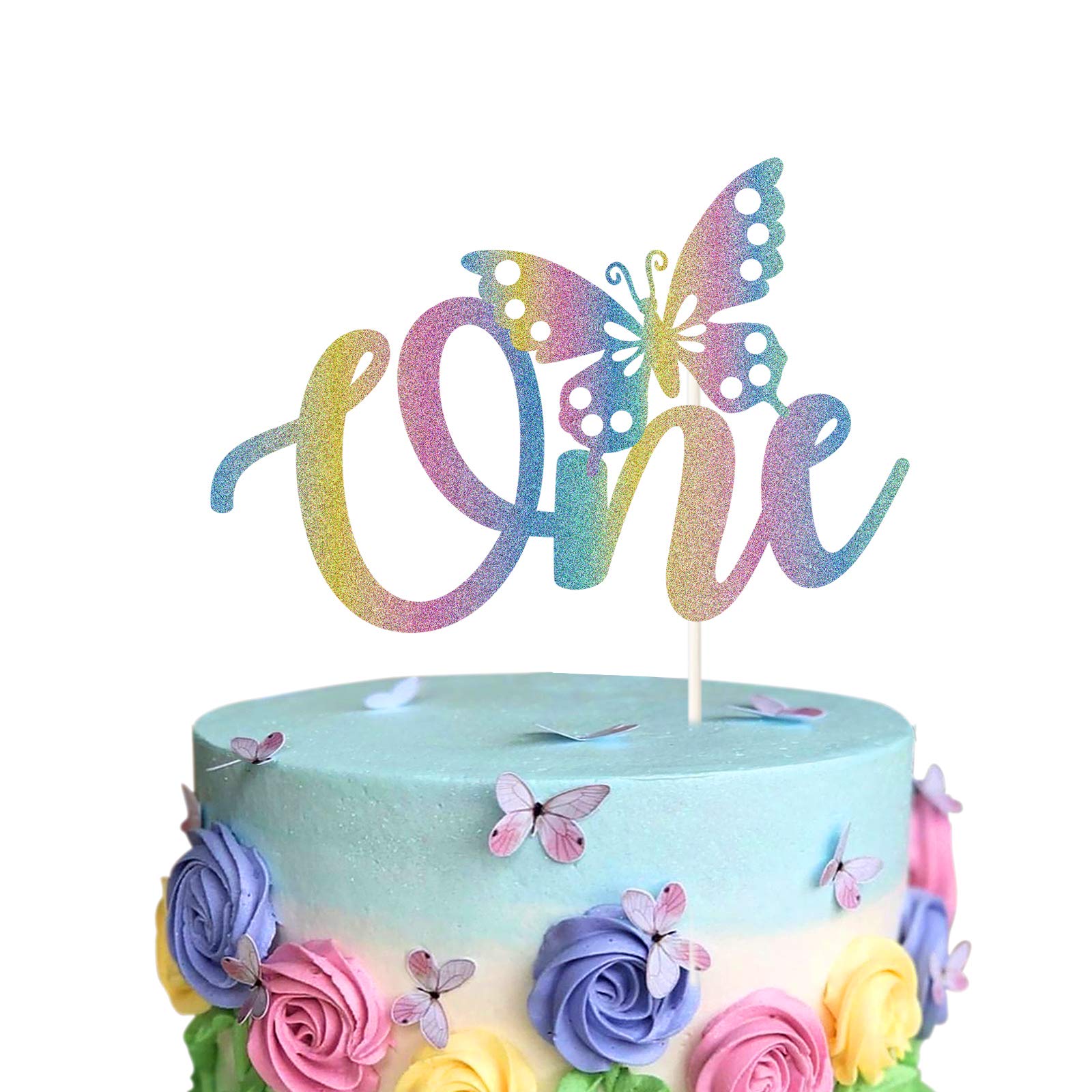 Colorful birthday cake with butterfly decorations