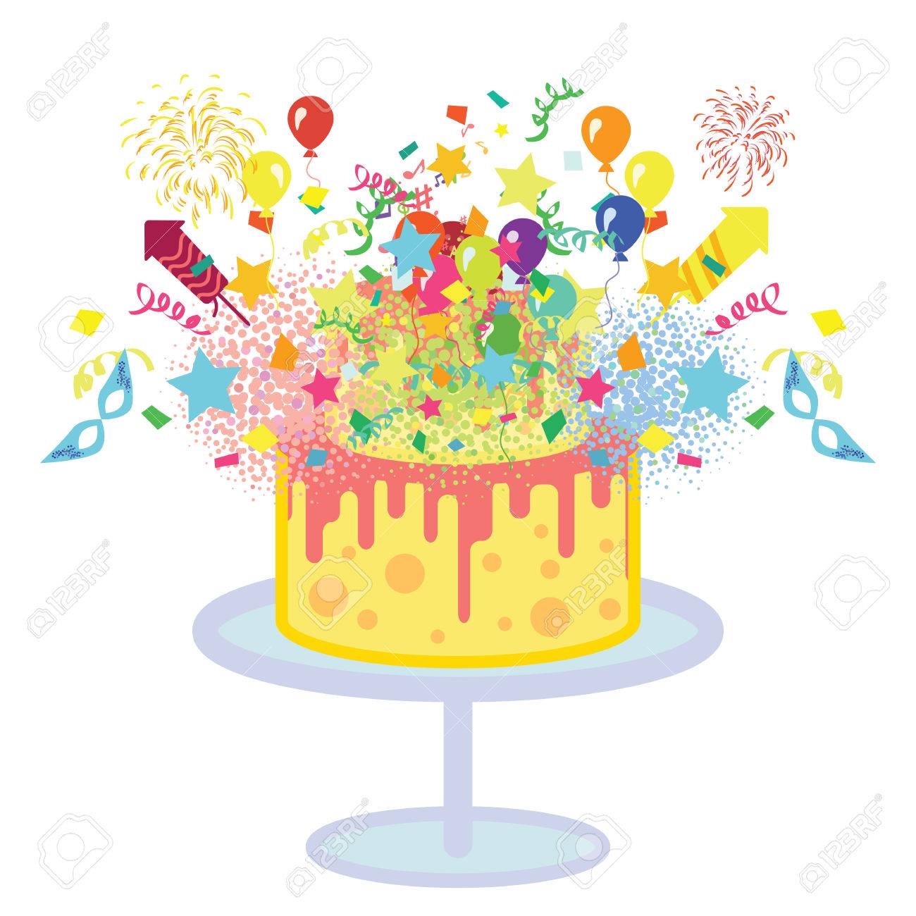 Animated birthday cake with balloons and confetti