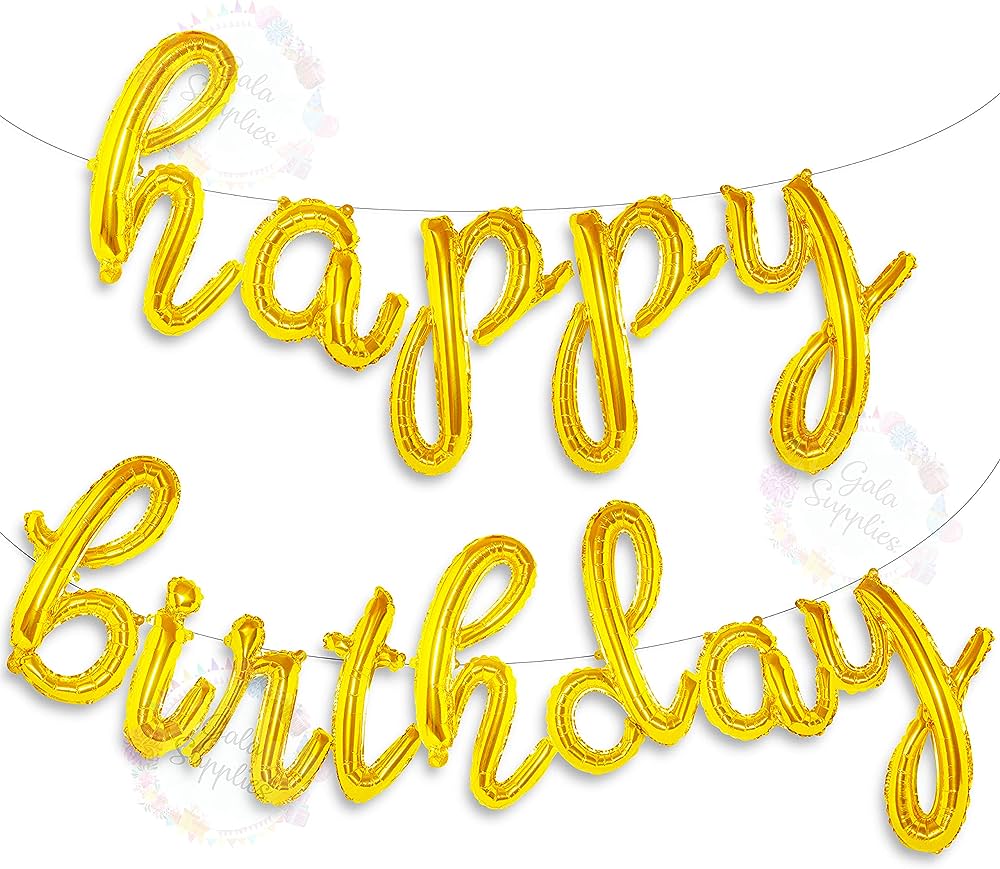 Happy birthday en letra cursiva con globos coloridos