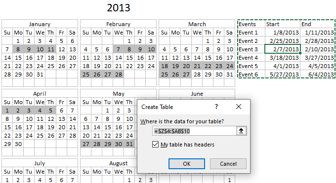 Calendar with highlighted days for each month