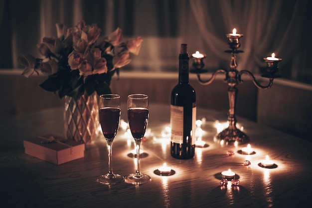 Romantic date night with candles and wine