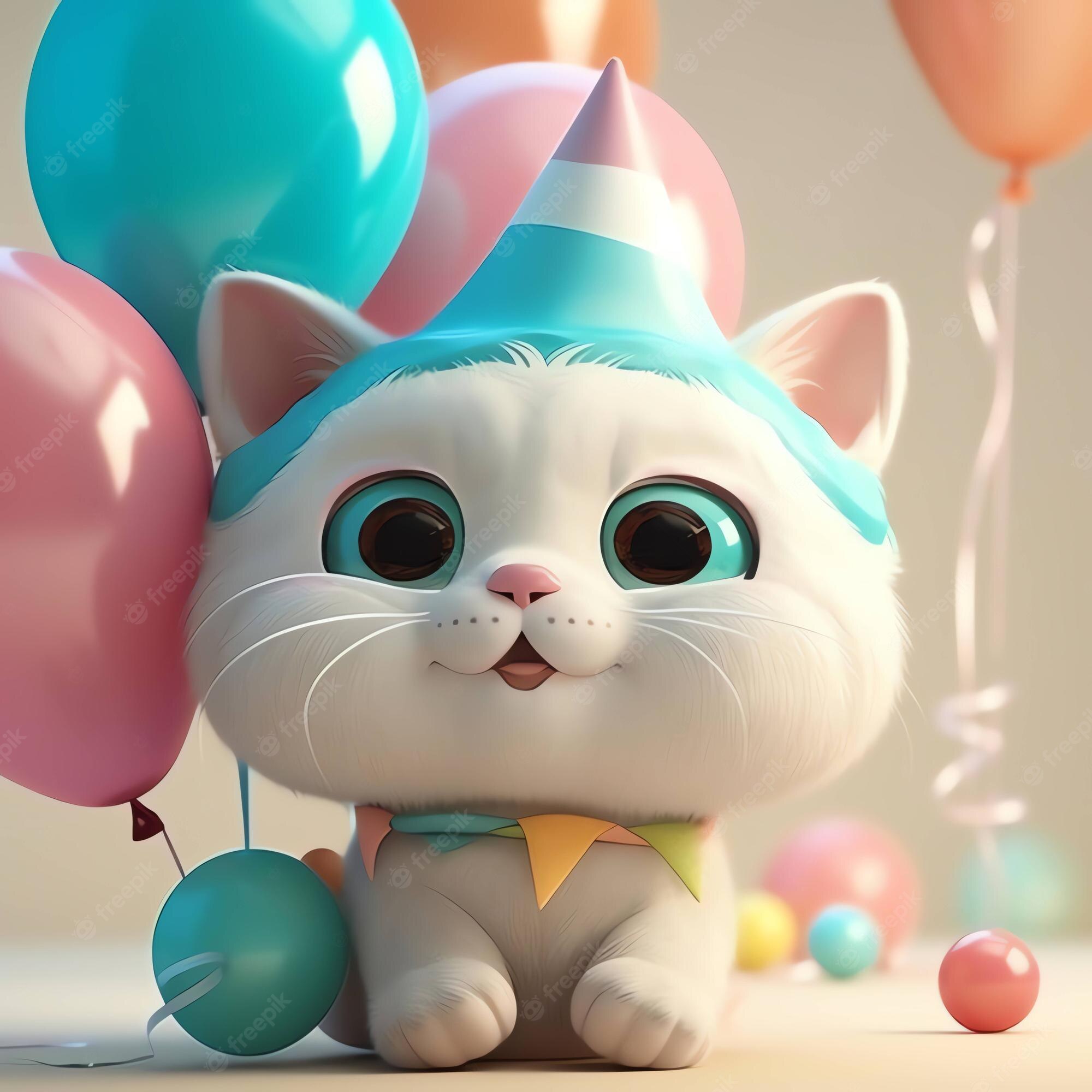 Funny cat with a party hat and balloons