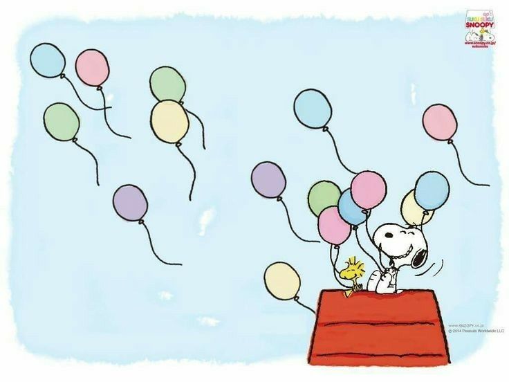Imagen de Snoopy rodeado de globos de cumpleaños