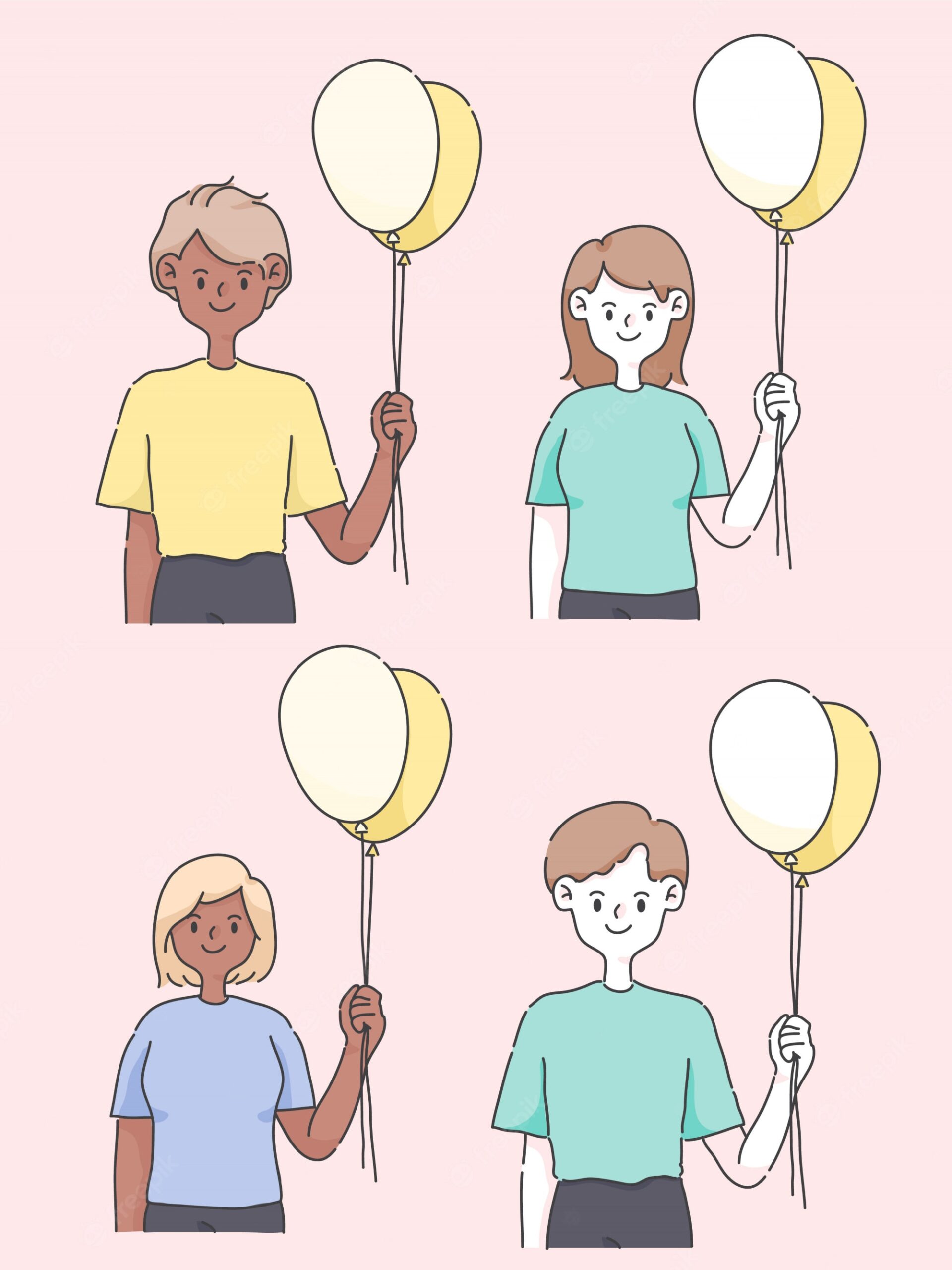 Personas sosteniendo globos con mensajes de felicitación