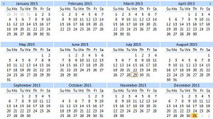 Calendar showing number of days in each month